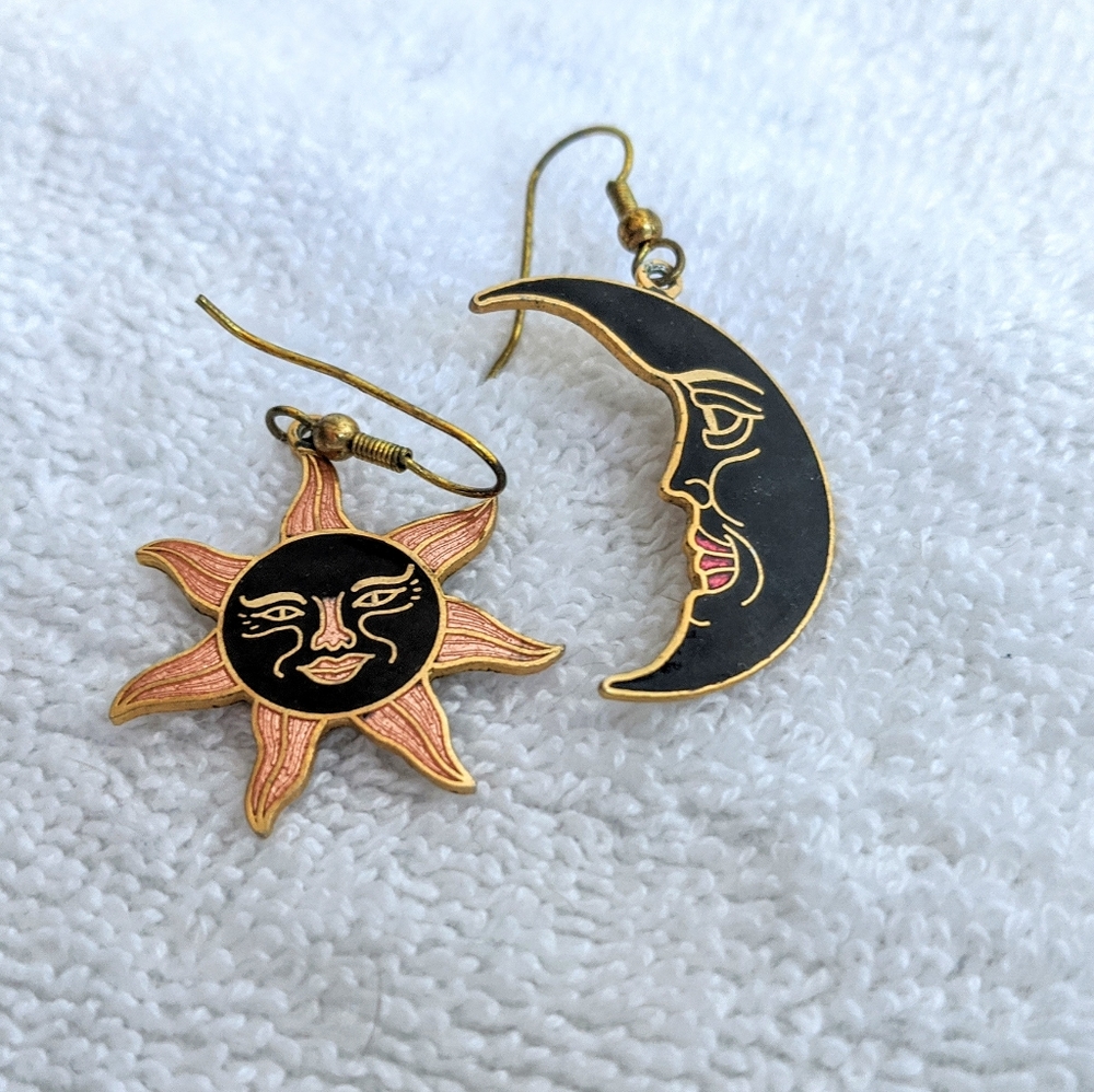 Sun & moon dangle cloisonne earrings